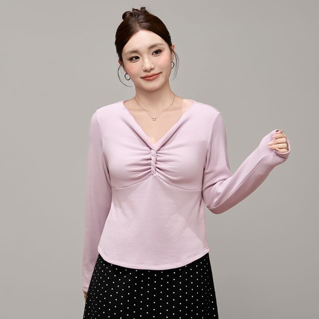 Appelsin-Long Sleeve V-Neck Plain Twist Ruched Top