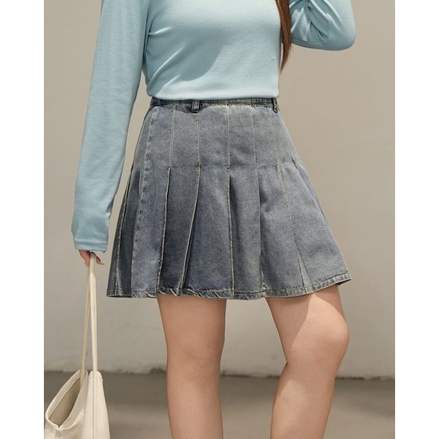 Appelsin-Mid Waist Denim Mini Pleated Skirt