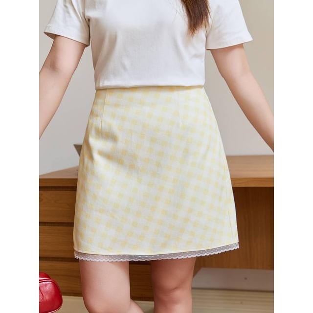 Appelsin-Mid Waist Plaid Mini Skirt