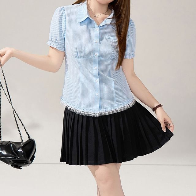 Appelsin-Plus Size Short-Sleeve Collared Plaid Button Up Shirt Mid Rise Mini Pleated Skirt