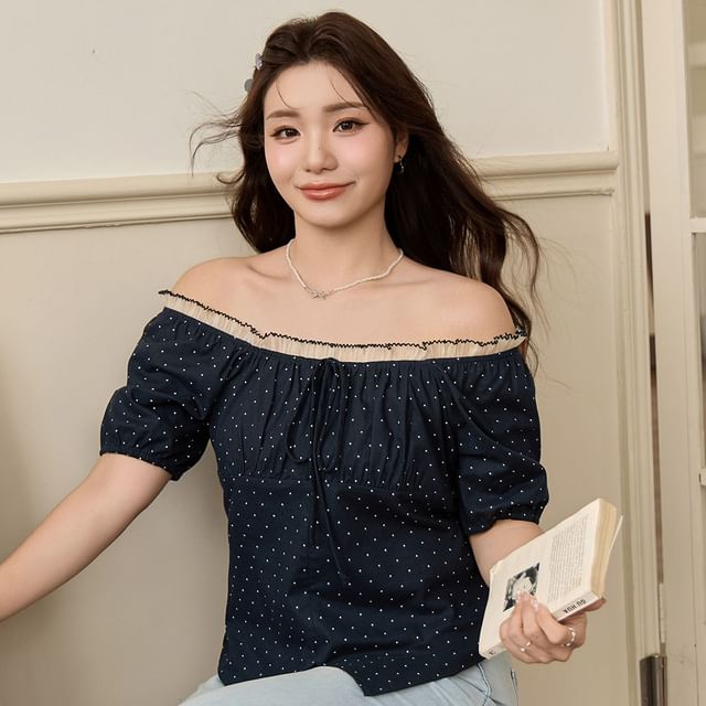Appelsin-Plus Size Short-Sleeve Off Shoulder Dotted Ruffle Trim Top