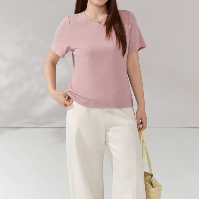 Appelsin-Plus Size Short-Sleeve Round Neck Plain Knit Top