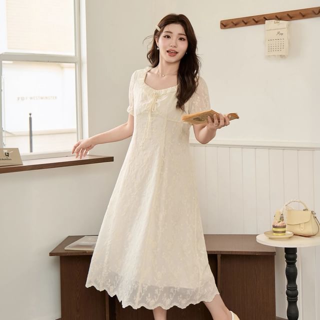 Appelsin-Plus Size Short-Sleeve Square Neck Plain Lace Panel Midi A-Line Dress