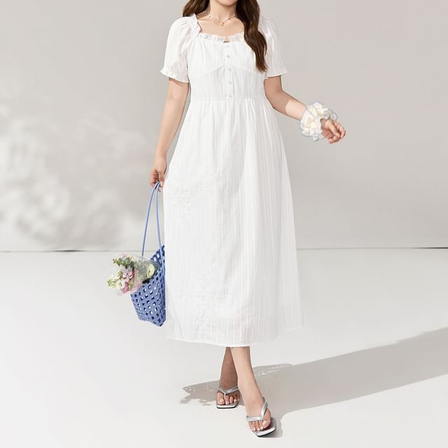 Appelsin-Plus Size Short-Sleeve Square Neck Plain Ruffle Trim Midi A-Line Dress