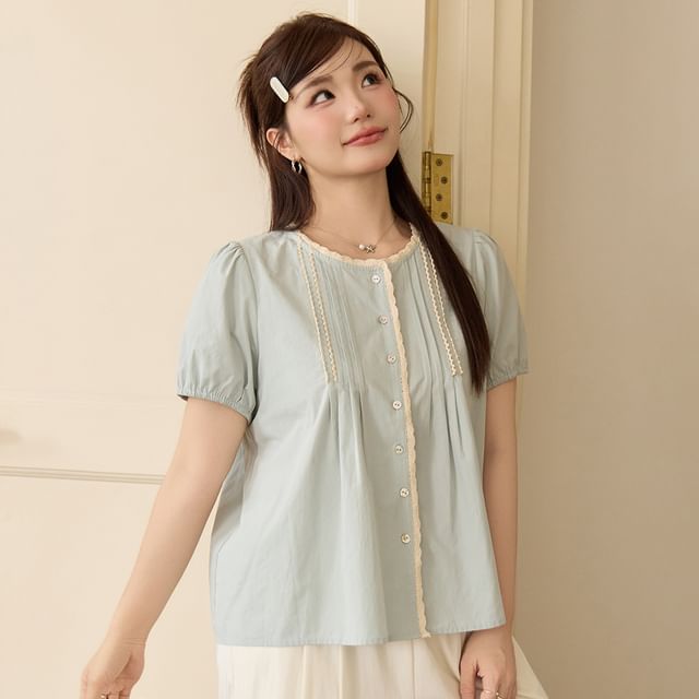 Appelsin-Puff-Sleeve Lace Trim Button-Up Blouse