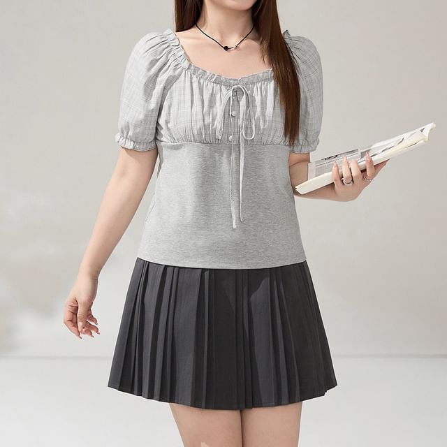Appelsin-Puff-Sleeve Square-Neck Plaid Panel Blouse High Waist Plain Pleated Mini A-Line Skirt