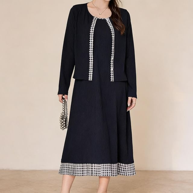 Appelsin-Set Crew Neck Gingham Panel Button-Up Cardigan Spaghetti Strap Midi A-Line Dress