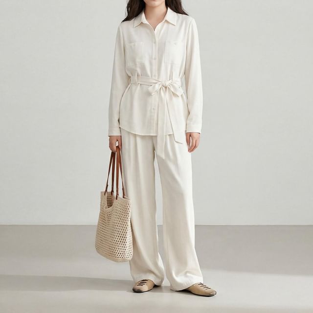 Appelsin-Set Long-Sleeve Collared Tie Waist Button-Up Plain Blouse High Waist Wide Leg Pants