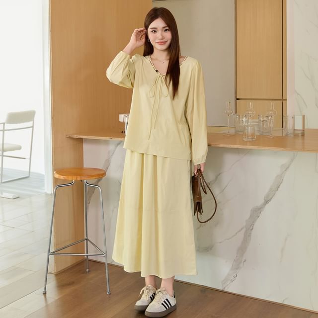Appelsin-Set Long-Sleeve V-Neck Plain Beaded Tie Front Blouse High Waist Midi A-Line Skirt