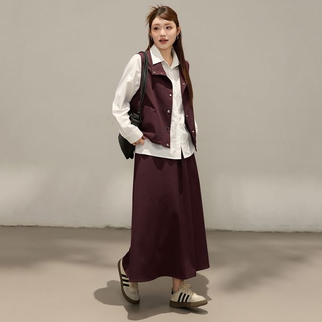 Appelsin-Set Stand Collar Plain Button Vest Drawstring Waist Midi A-Line Skirt