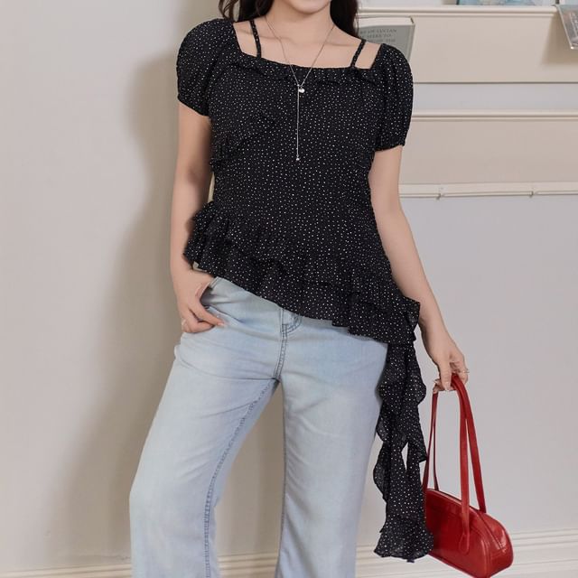 Appelsin-Short-Sleeve Square Neck Dotted Asymmetrical Top