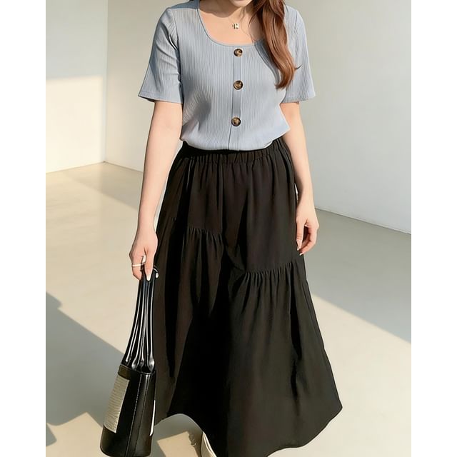 Appelsin-Short Sleeve Square Neck Plain Button Ribbed Top Elastic Waist Plain Gathered Midi A-Line Skirt