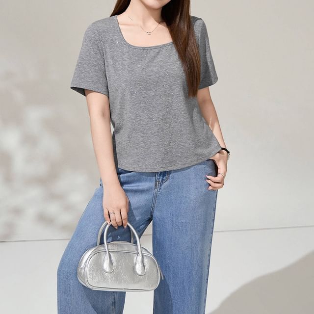 Appelsin-Short-Sleeve Square-Neck Plain T-Shirt
