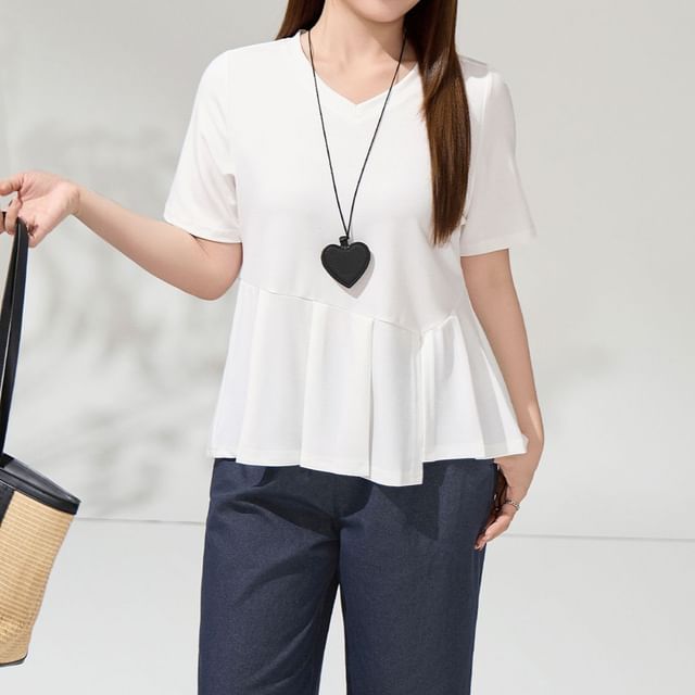 Appelsin-Short-Sleeve V-Neck Plain Flowy Blouse