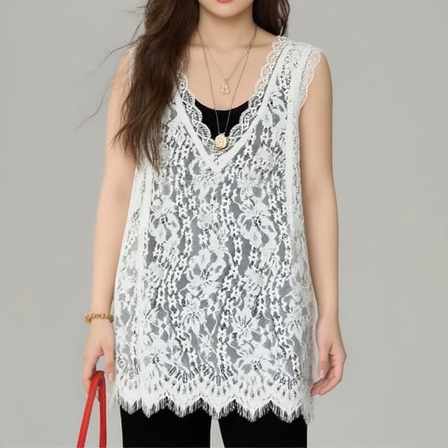 Appelsin-Sleeveless V-Neck Plain Lace Top