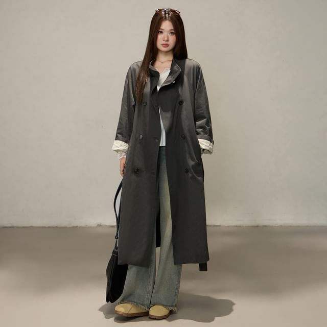 Appelsin-Stand Collar Plain Midi Double Breasted Trench Coat
