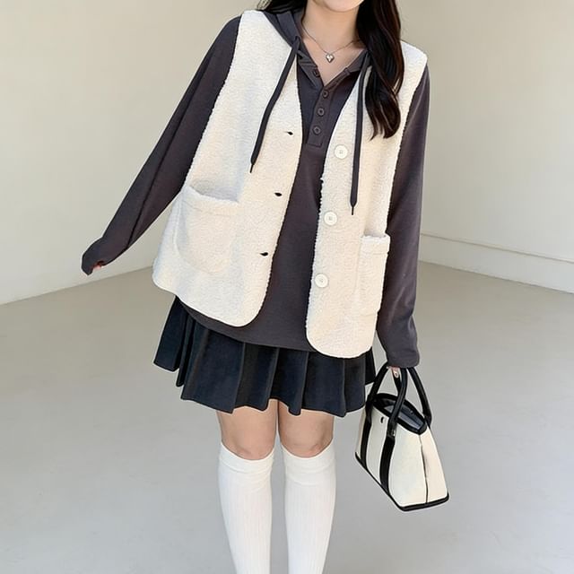 Appelsin-V-Neck Plain Fleece Button Vest
