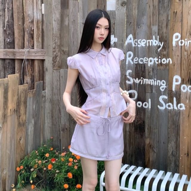 Arabesquito-Cap-Sleeve Collared Sheer Panel Button-Up Plain Crop Blouse Drawstring Waist Mini Pencil Skirt