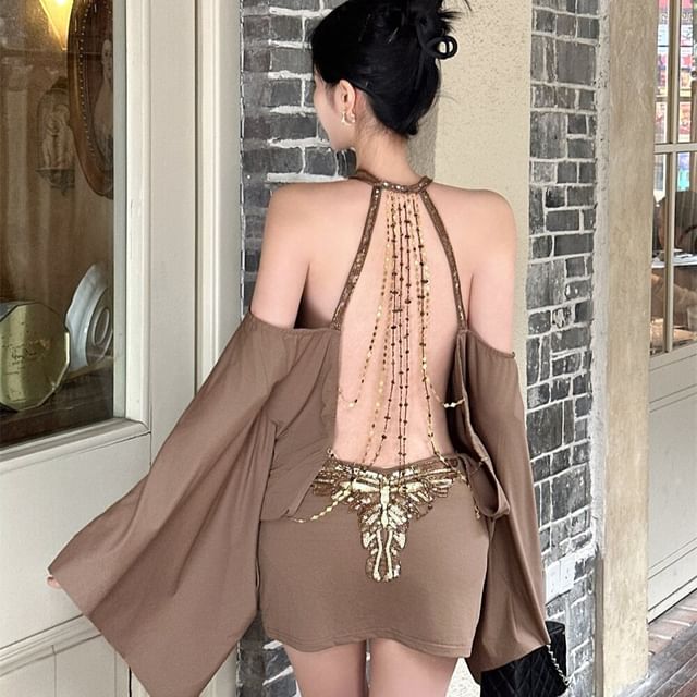 Arabesquito-Cold-Shoulder Batwing-Sleeve Chained Back Midi Bodycon Dress