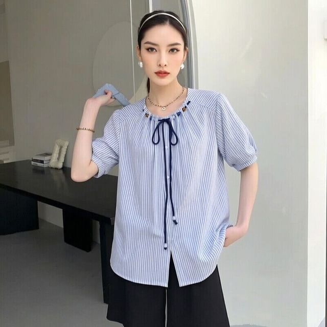 Arabesquito-Elbow-Sleeve Crew Neck Striped Beaded Button-Up Blouse