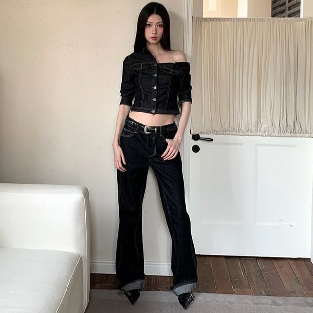 Arabesquito-Elbow Sleeve One Shoulder Unwashed Panel Button Denim Top