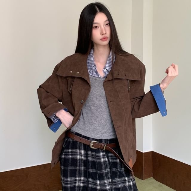 Arabesquito-Faux Leather Button-Up Jacket