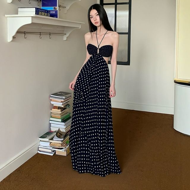 Arabesquito-Halter Dotted Panel Maxi A-Line Dress