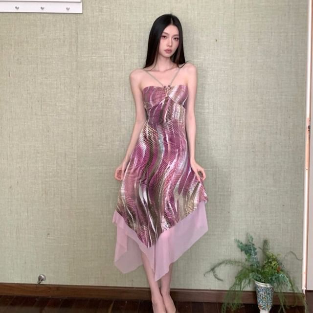 Arabesquito-Halter Neck Tie Dye Asymmetrical Beaded Open Back Midi A-Line Dress