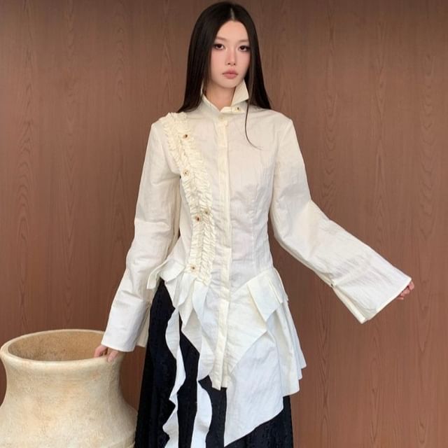 Arabesquito-Long-Sleeve Asymmetrical Plain Shirt