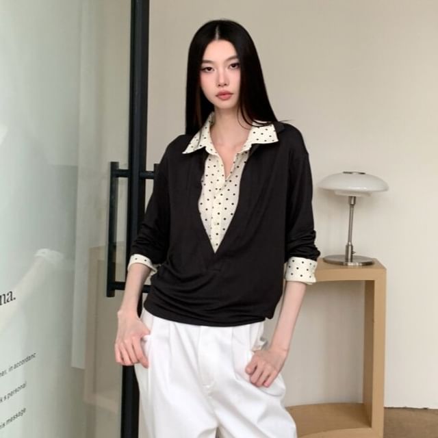 Arabesquito-Long Sleeve Collared Dotted Mock Two Piece Top
