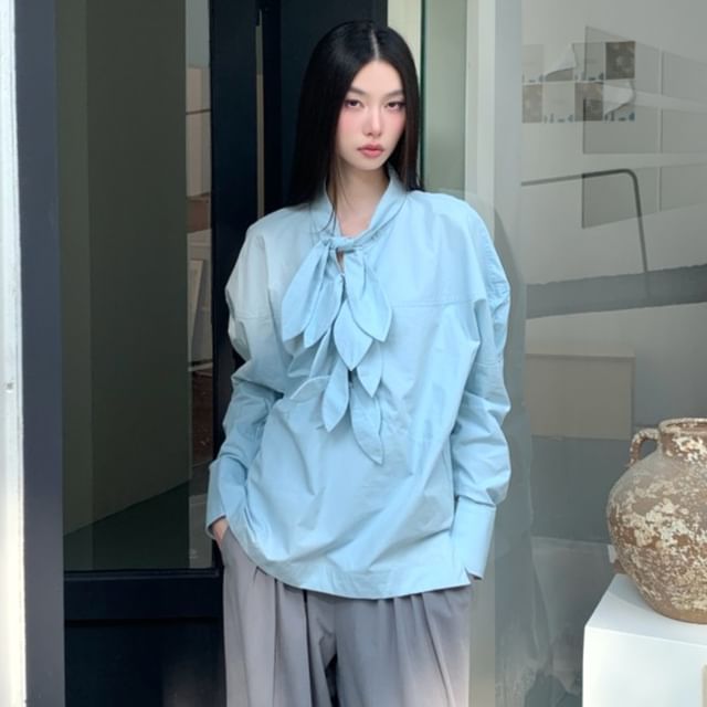 Arabesquito-Long-Sleeve Ruffle Plain Blouse