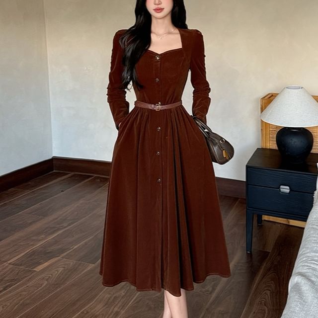 Arabesquito-Long-Sleeve Square Neck Button-Up Plain Slit Midi A-Line Dress
