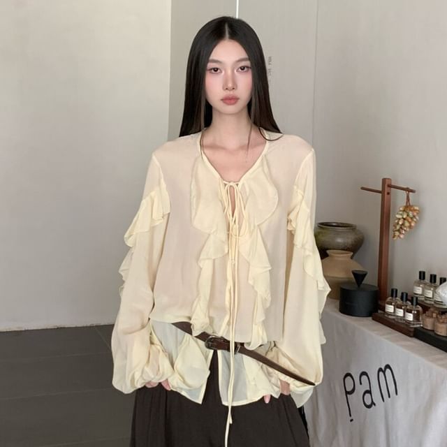 Arabesquito-Long Sleeve Tie Neck Plain Ruffle Blouse