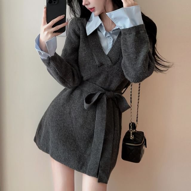 Arabesquito-Mock Two-Piece Collared Two Tone Tie Waist Mini A-Line Sweater Dress