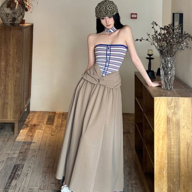 Arabesquito-Mock Two-Piece Halter Neck Striped Panel Ruched Open Back Maxi A-Line Dress