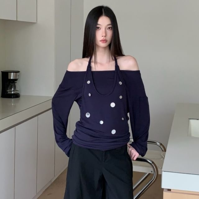 Arabesquito-Mock Two-Piece Long-Sleeve Halter Neck Top