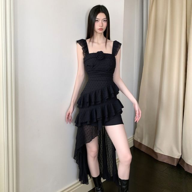 Arabesquito-Ruffle Strap Asymmetrical Dotted Ruffled Mini High Low Dress