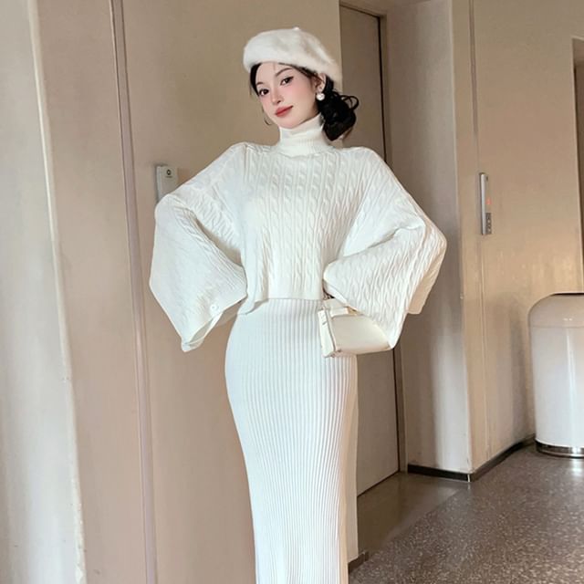 Arabesquito-Set Batwing-Sleeve Turtleneck Plain Cable Knit Crop Top Sleeveless Round Neck Slit Maxi Sheath Knit Dress