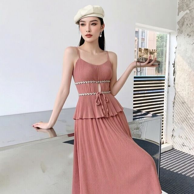 Arabesquito-Set Spaghetti Strap Rhinestone Ribbed Camisole Top Mid Rise Pleated Mini A-Line Skirt