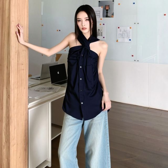 Arabesquito-Sleeveless Asymmetrical Neck Plain Ruched Button Top