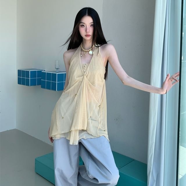 Arabesquito-Sleeveless Asymmetrical Sheer Plain Top