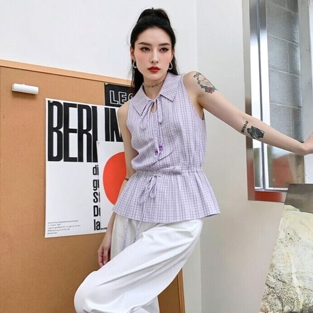 Arabesquito-Sleeveless Collared Plaid Bow Detail Blouse
