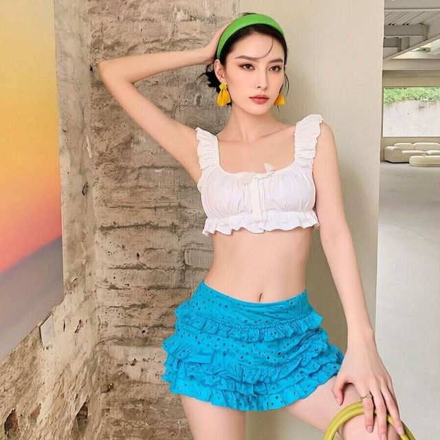 Arabesquito-Sleeveless Square Neck Plain Ruffle Trim Crop Top Mid Rise Ruffle Trim Mini A-Line Skirt