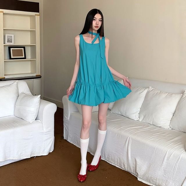 Arabesquito-Sleeveless U-Neck Plain Mini A-Line Dress
