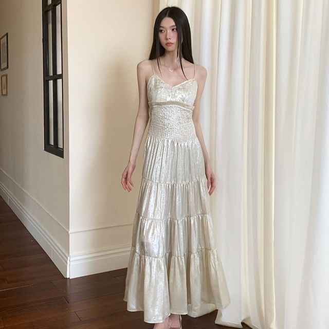 Arabesquito-Spaghetti Strap Plain Sequin Tiered Maxi A-Line Dress