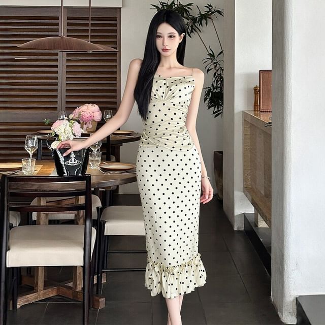 Arabesquito-Spaghetti Strap Polka Dotted Ruffle Ruched Midi Sheath Dress