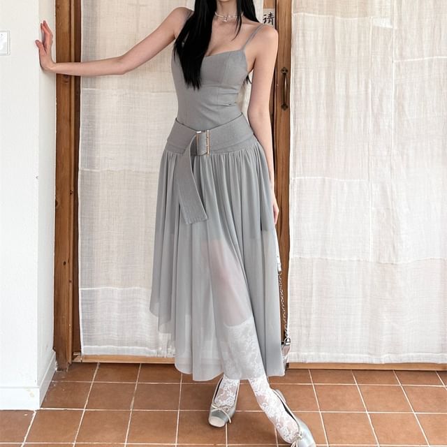 Arabesquito-Spaghetti Strap V-Neck Plain Asymmetrical Belted A-Line Dress