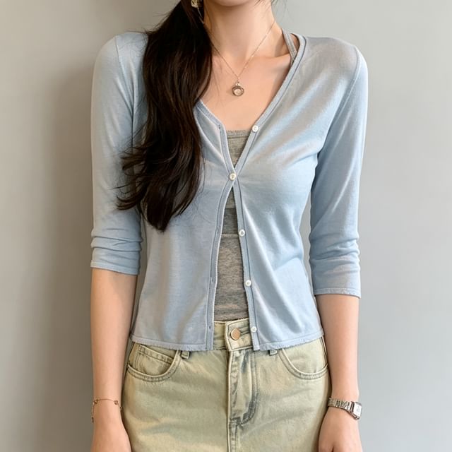 Asiris-34-Sleeve Button-Up Plain Cardigan