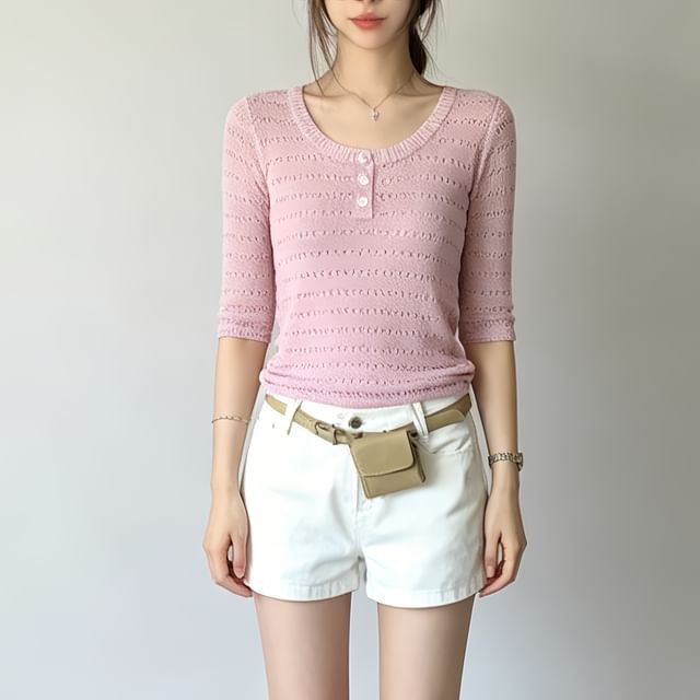Asiris-34-Sleeve Henley Plain Crop Knit Top