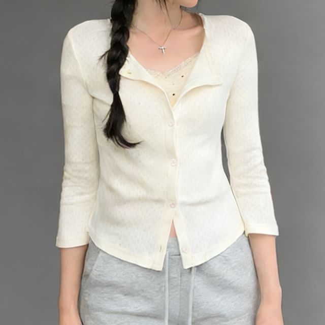 Asiris-34-Sleeve Round Neck Button Up T-Shirt